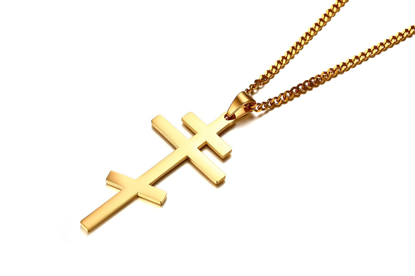 Men's Stainless Steel Orthodox Cross Necklace – Bold Double Bar Gothic Pendant PN-831