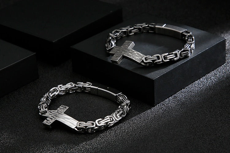 Kemstone Cross Pendant Retro Bracelet – Titanium Steel Cuff with Imperial Chain Design for Men KB122384