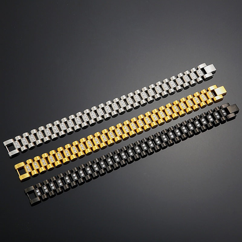Kemstone Men’s Stainless Steel Zircon Watch Chain & Ring Set – 220mm Bracelet, 13mm Ring KB61656-K