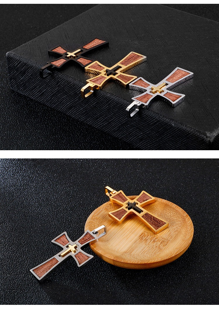 Kemstone Layered Stainless Steel & Wood Cross Pendant – Gothic Totem Necklace KP93475