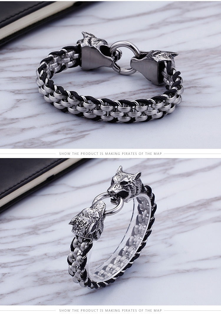 Kemstone Stainless Steel Wolf Design Ring Titanium Mesh Cuff Bracelet for Men - Punk Edge Charm Jewelry KB154970
