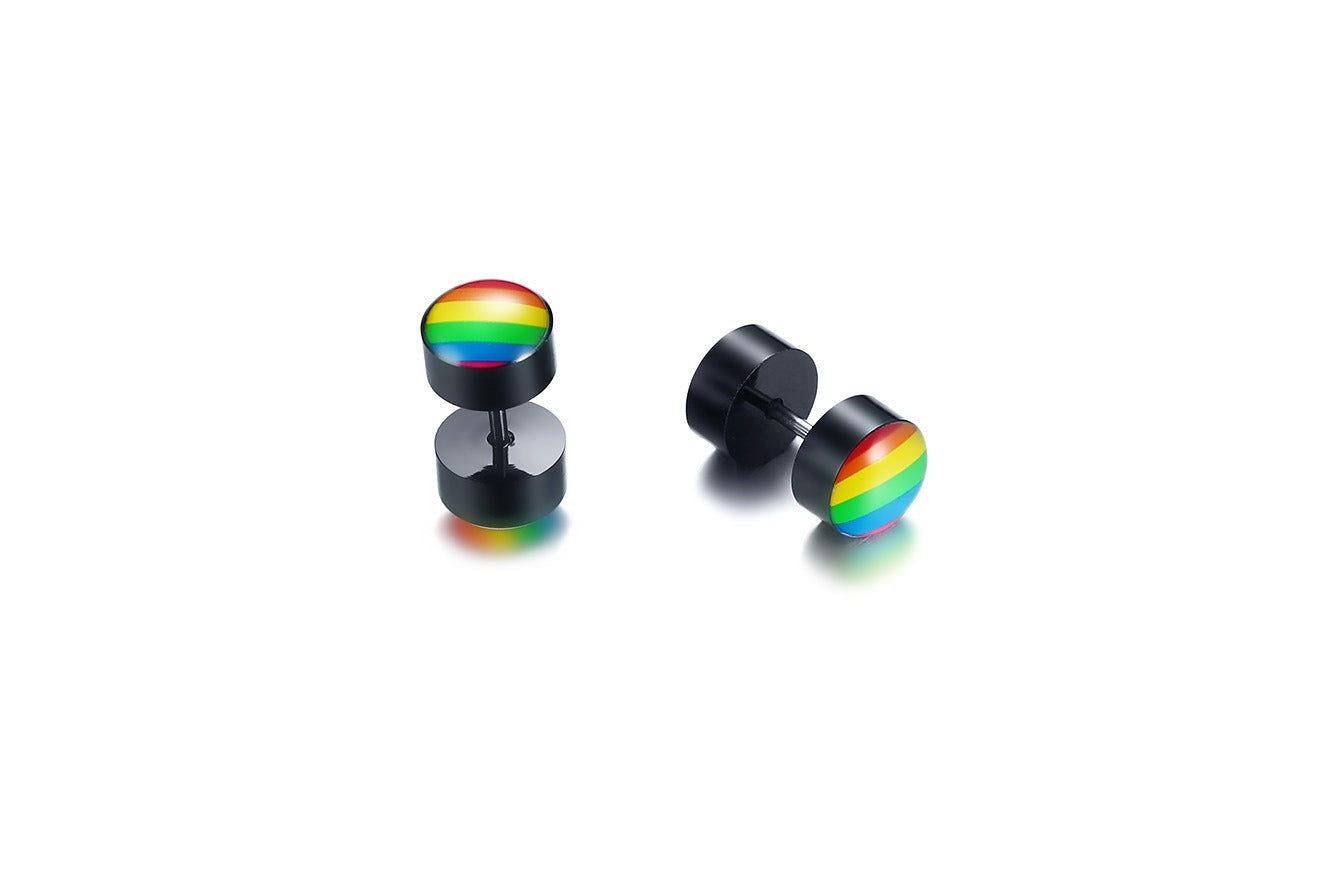 Rainbow Dumbbell Stud Earrings – Stainless Steel Pride Ear Jewelry | Street Gothic Color Edge PE-005