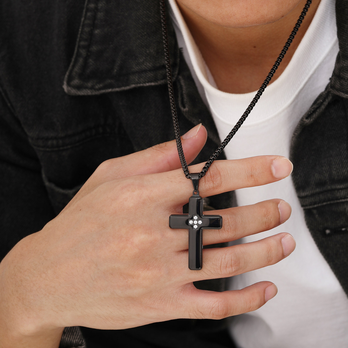 Kemstone Stainless Steel Cross Pendant Necklace with Cubic Zirconia Inlay for Men PN-2044