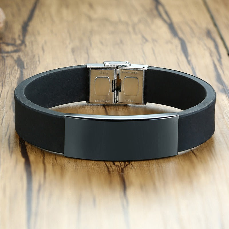 Kemstone Silicone & Stainless Steel Bracelet – Engravable Curved Plate Men’s Wristband BS-076