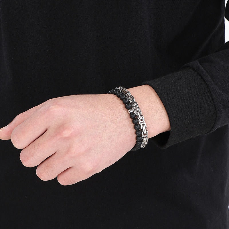 Kemstone Double Chain Bracelet for Men – Stainless Steel & Black Agate Beads, Viking Punk Style