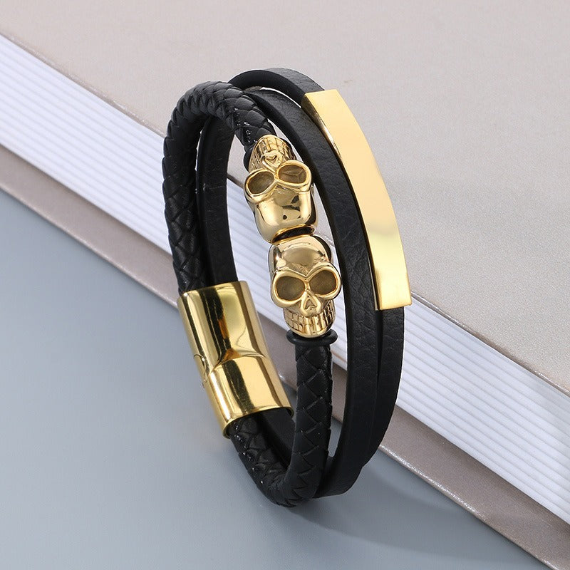 Kemstone Men’s Skull Leather Bracelet – Stainless Steel Punk Biker Jewelry KB180009