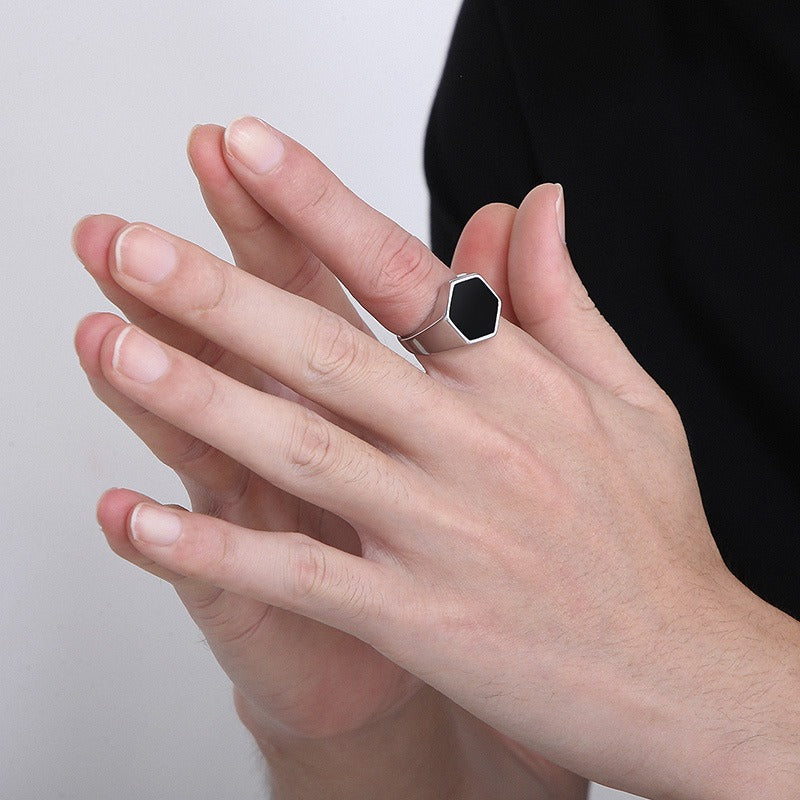 Kemstone Men’s Hexagon Signet Ring – Stainless Steel Black Epoxy Resin Inlay | Gothic Minimalist Jewelry KR105856-KFC