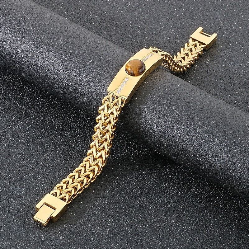 Kemstone Hiphop Zirconia-Encrusted Vintage Dual-Chain Tiger's Eye Stone Curb Men's Bracelet KB187685