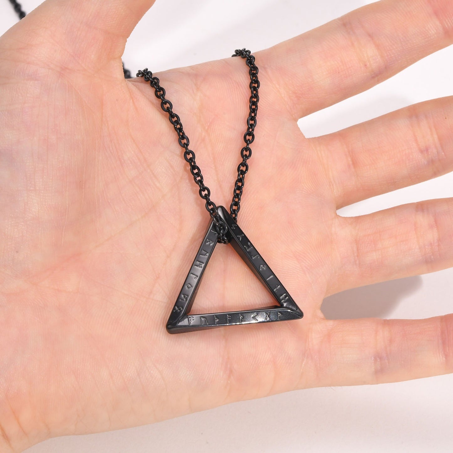 Kemstone Viking Runes Triangle Pendant Necklace – Stainless Steel Nordic Symbol Jewelry for Men Silver & Black PN-1707