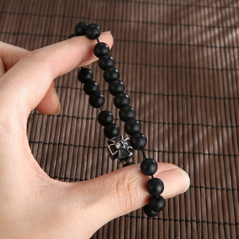 Kemstone Black Onyx Skull Bracelet – Gothic Cross, Howlite & Tiger Eye Beads with Adjustable Titanium Steel Chain for Men KB70686-BD