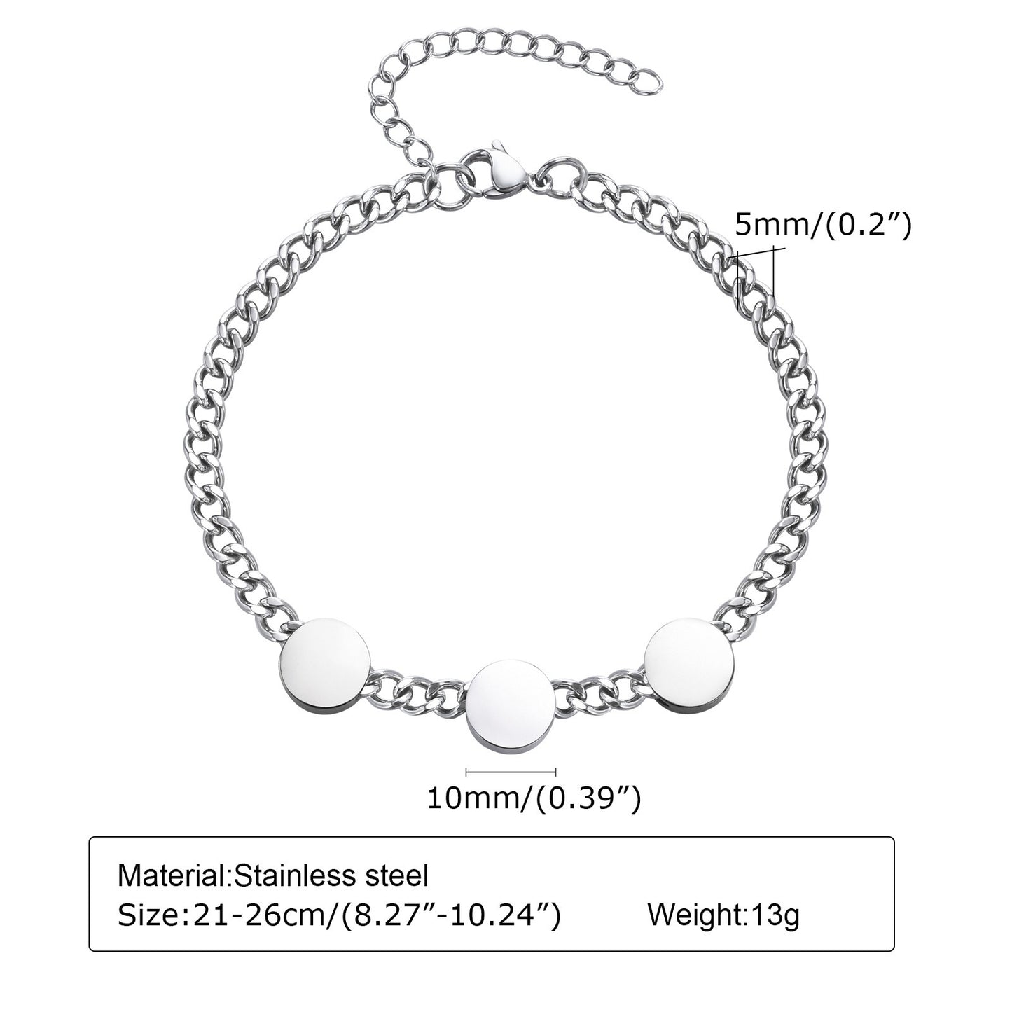 Kemstone Men’s Custom Engraving Stainless Steel Bracelet – Movable Round Charms on Cuban Chain BR-1451