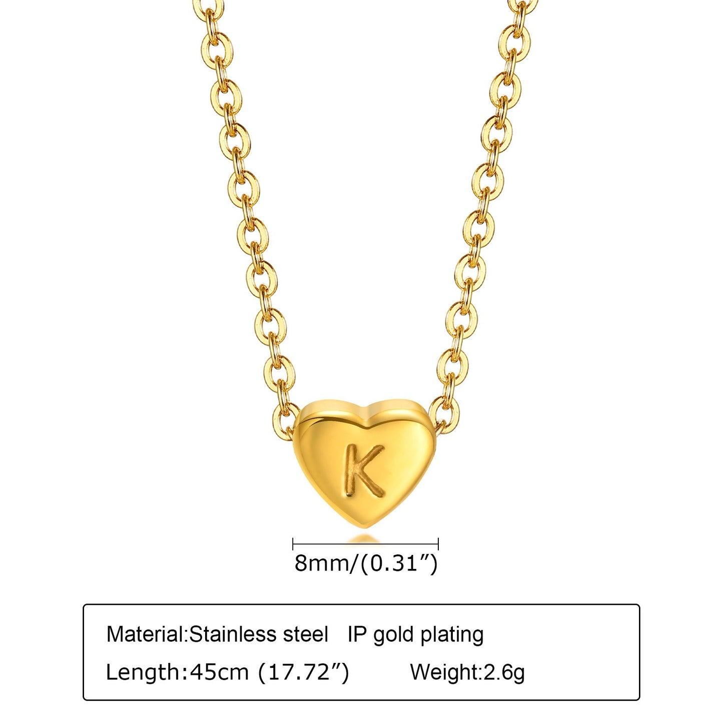 Collar de acero inoxidable Kemstone con letras de corazón - Colgante de amor con 26 letras del alfabeto PN-1670