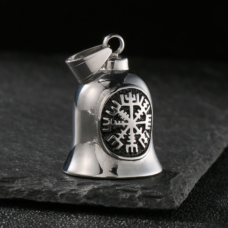Kemstone Viking Symbol Bell Pendant Necklace for Men – Norse Masonic Cross Stainless Steel Biker Jewelry KP130935