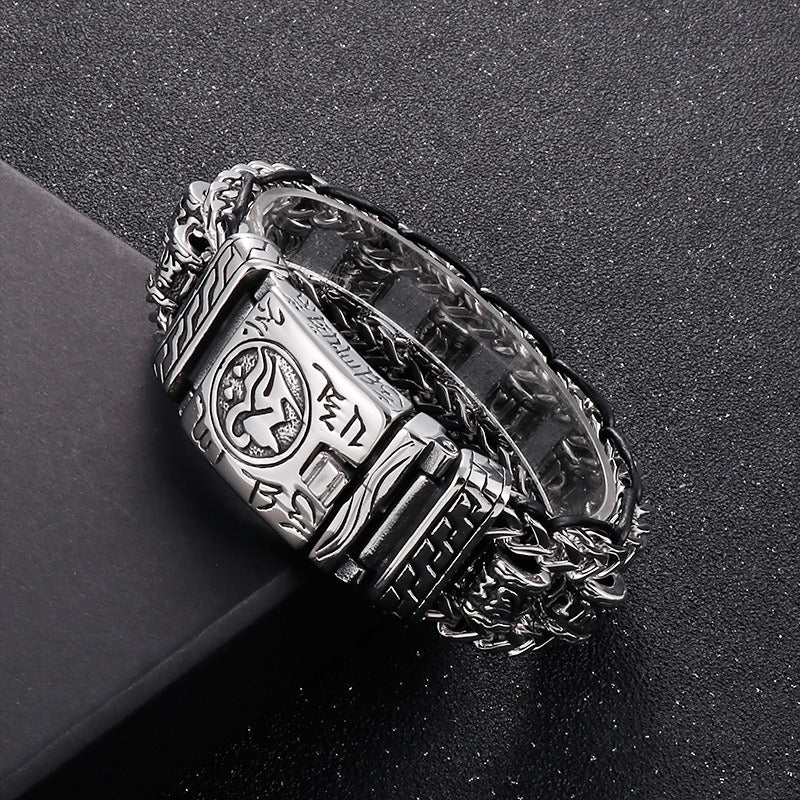 Kemstone Vintage-Style Dragon Bone Chain Bracelet & Punk Hollow-Titanium Steel Man's Ancient Six-Syllable True-Word Necklace KB145903