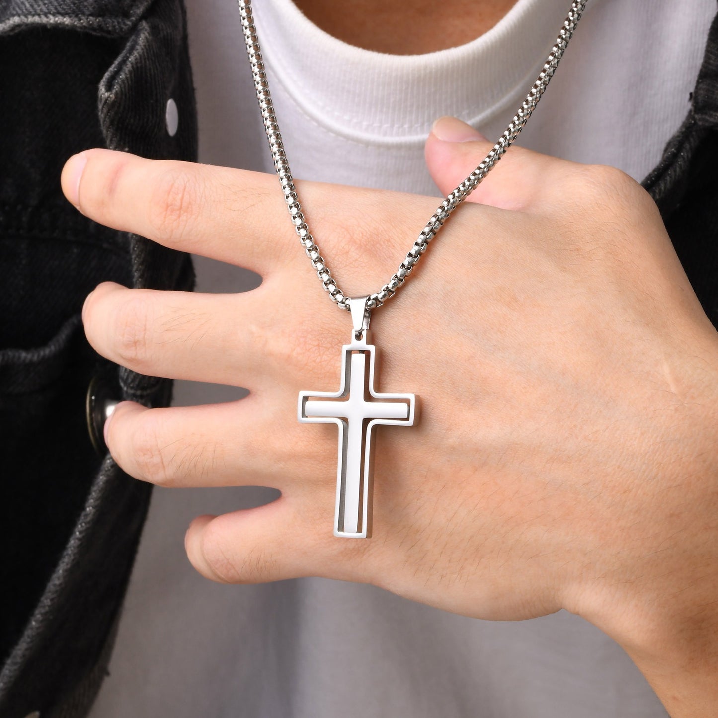Men’s Rotating Cross Pendant Necklace – Gothic Dual-Layer Stainless Steel Chain PN-1998