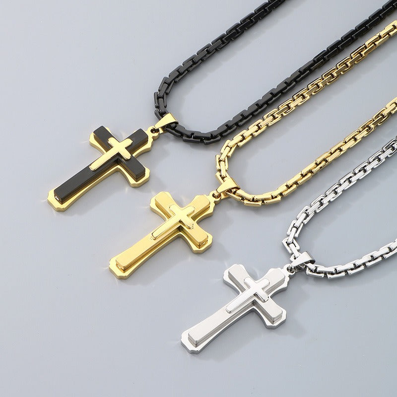 Kemstone Titanium Steel Vintage Bamboo Chain Necklace – Triple Cross Pendant for Men KN288587-K