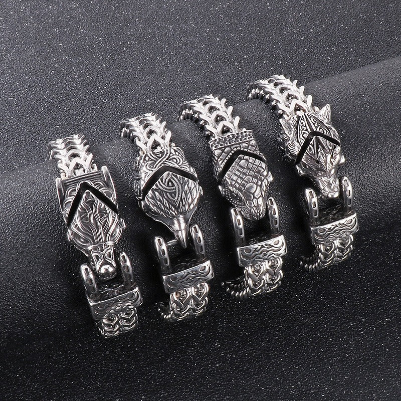 Bracciale Kemstone in acciaio al titanio con testa di aquila e lupo - Catena reversibile, design punk per uomo KB179515