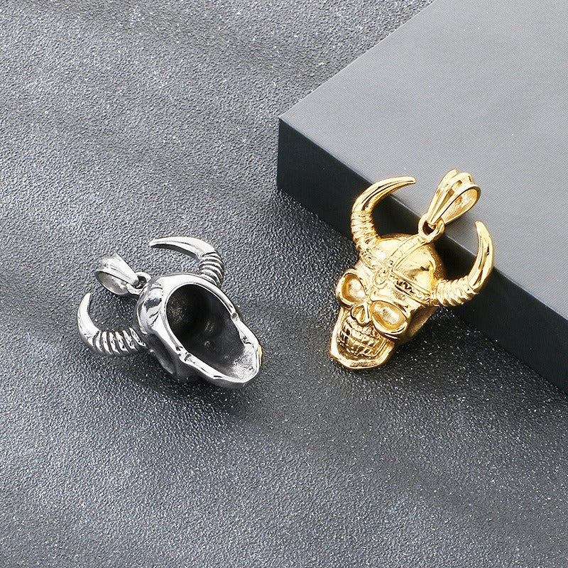 Kemstone Skull Pendant Necklace for Men Titanium Steel Horned Helmet Gold Silver KP116682-KJX