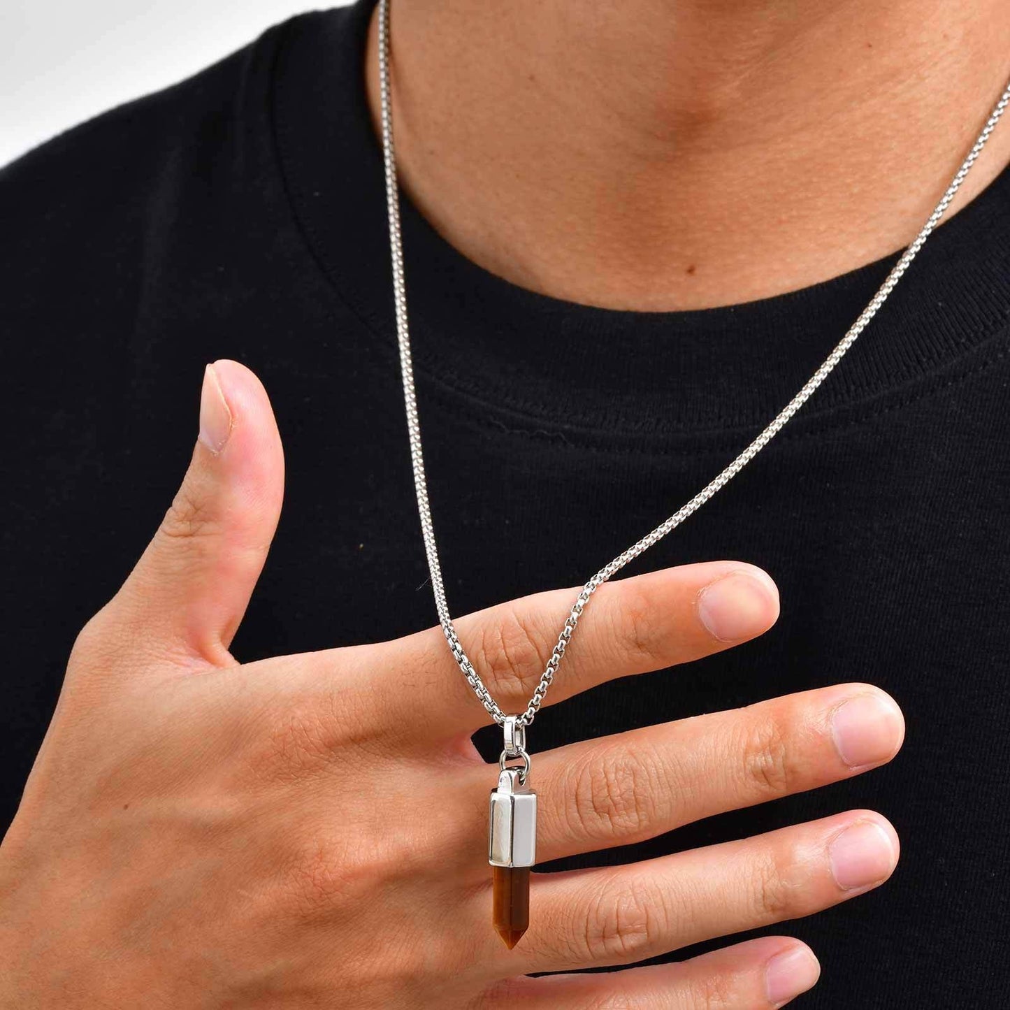 Kemstone Men’s Stainless Steel Bullet Pendant Necklace – Tiger Eye & Black Agate Minimalist Jewelry PN-2227