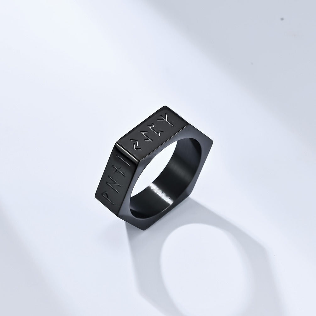 Kemstone Titanium Steel Rune Ring – Nordic Viking Hex Nut Design K-R703