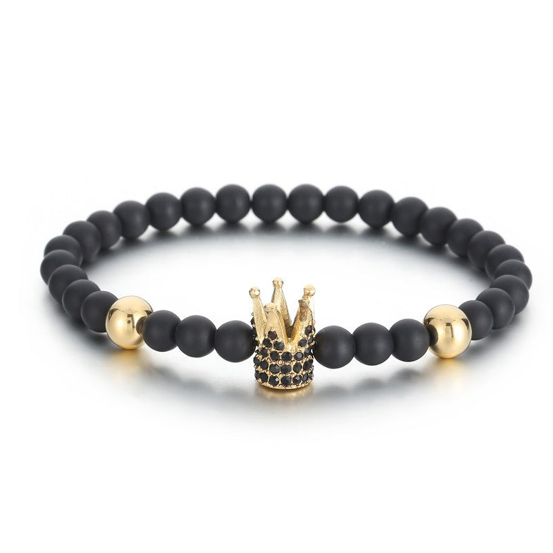 Kemstone Black Onyx Beaded Bracelet – CZ Crown, Freemason Cross & Tiger Eye Accent for Men’s Gothic Streetwear KB69789-BD