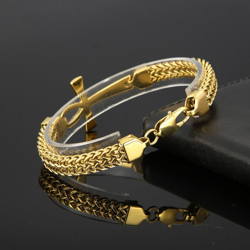 Kemstone Titanium Steel Rock 'n' Roll Dual-Weave Chain Bracelet with Vintage Cross Pendant KB164177-KFC