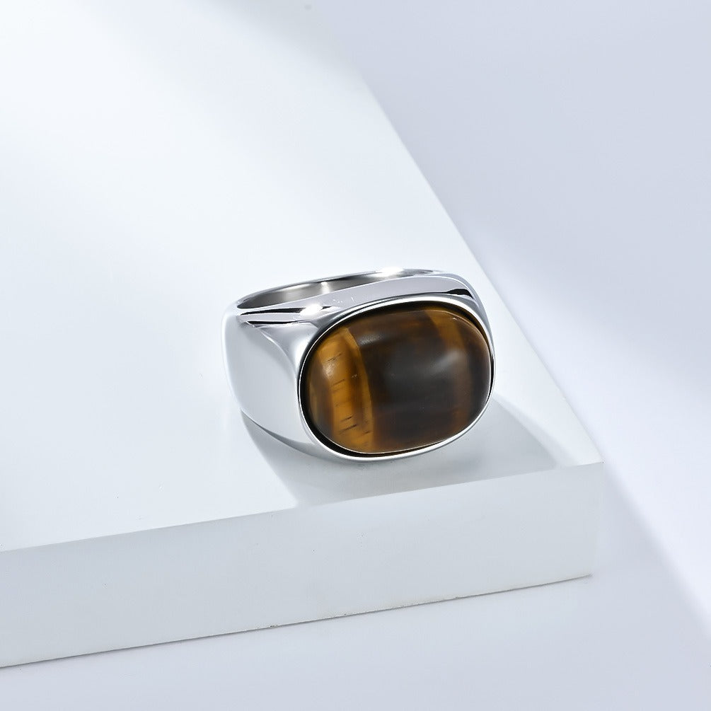 Kemstone Men’s Stainless Steel Tiger Eye Ring – Vintage Oval Gemstone Band K-R1030