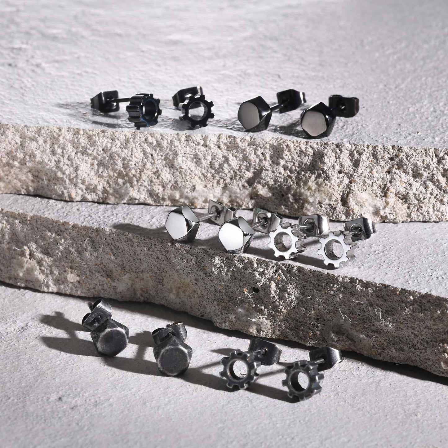 Gear Stud Earring for Men – Vintage Gray Stainless Steel Gothic Punk Jewelry ES-529