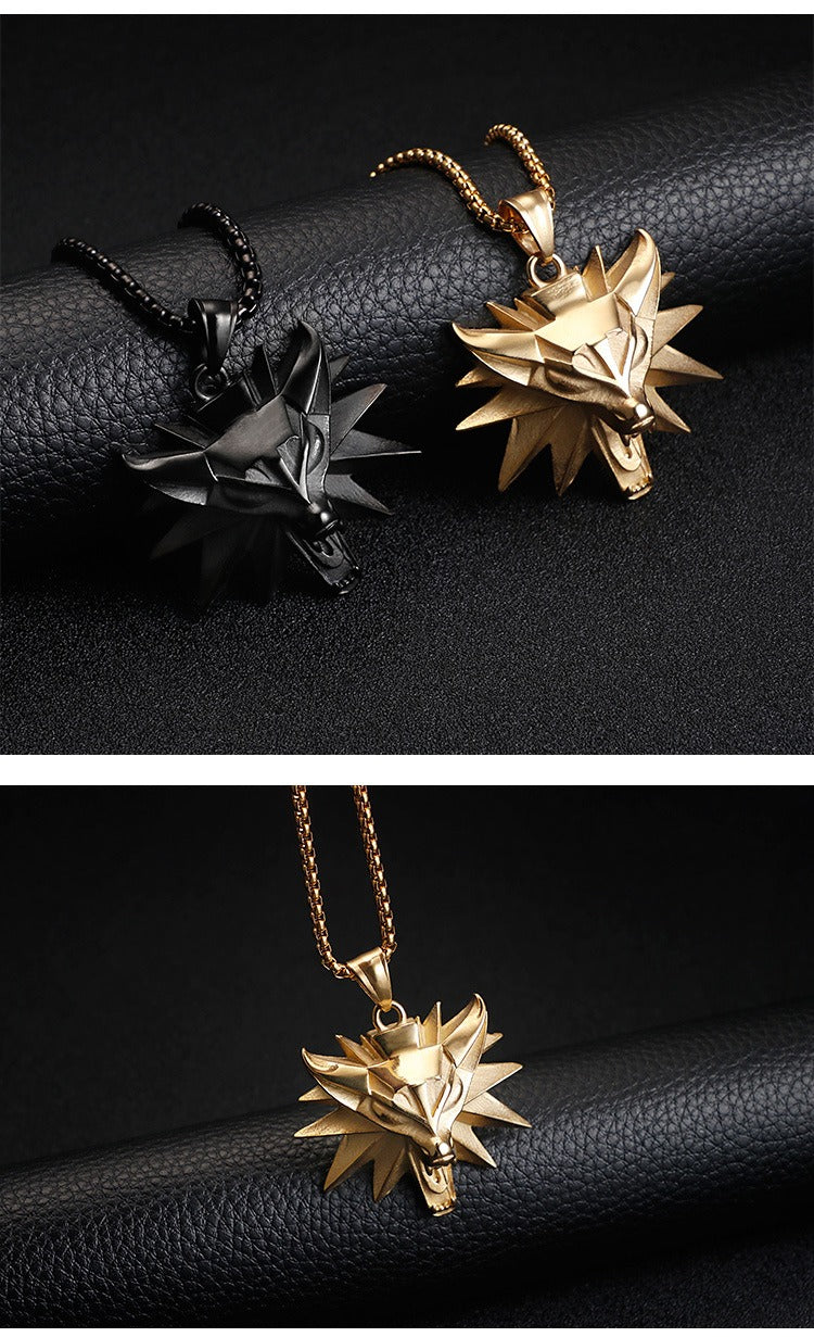 Witcher Wolf Head Pendant Necklace for Men – Gothic Viking Stainless Steel Medallion, Silver/Gold/Black KP59809-K