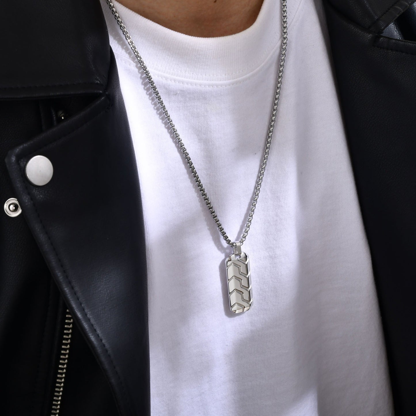 Tire Tread Pendant Necklace for Men – Stainless Steel Geometric Dog Tag PN-1857