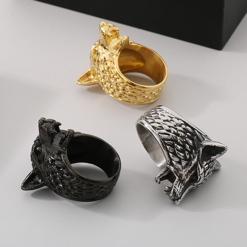 Kemstone Viking Wolf Head Ring – Distressed Stainless Steel Punk Men's Jewelry KR111182-KJX