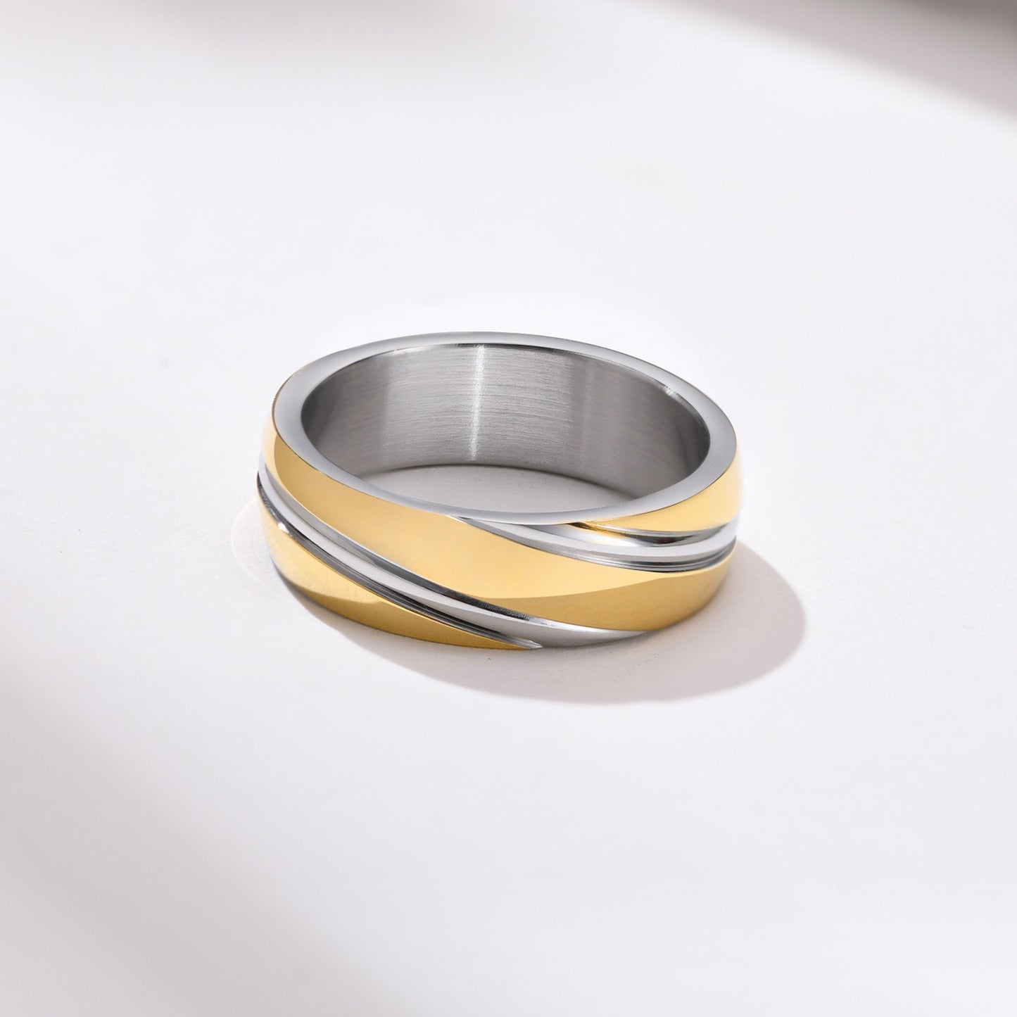 Kemstone Men’s Stainless Steel Ring – Slanted Stripe Design, IP Gold Plated Bold Minimalist Band R-057
