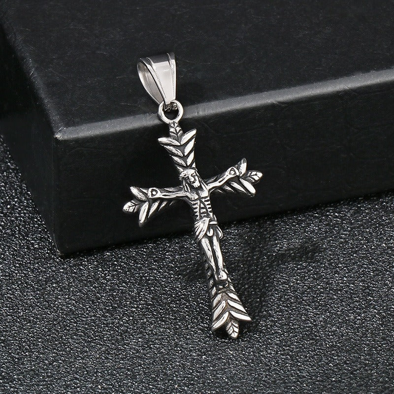 Kemstone Titanium Steel Punk Crown Cross Pendant – Vintage Hieroglyphic Engraved Necklace KP120067