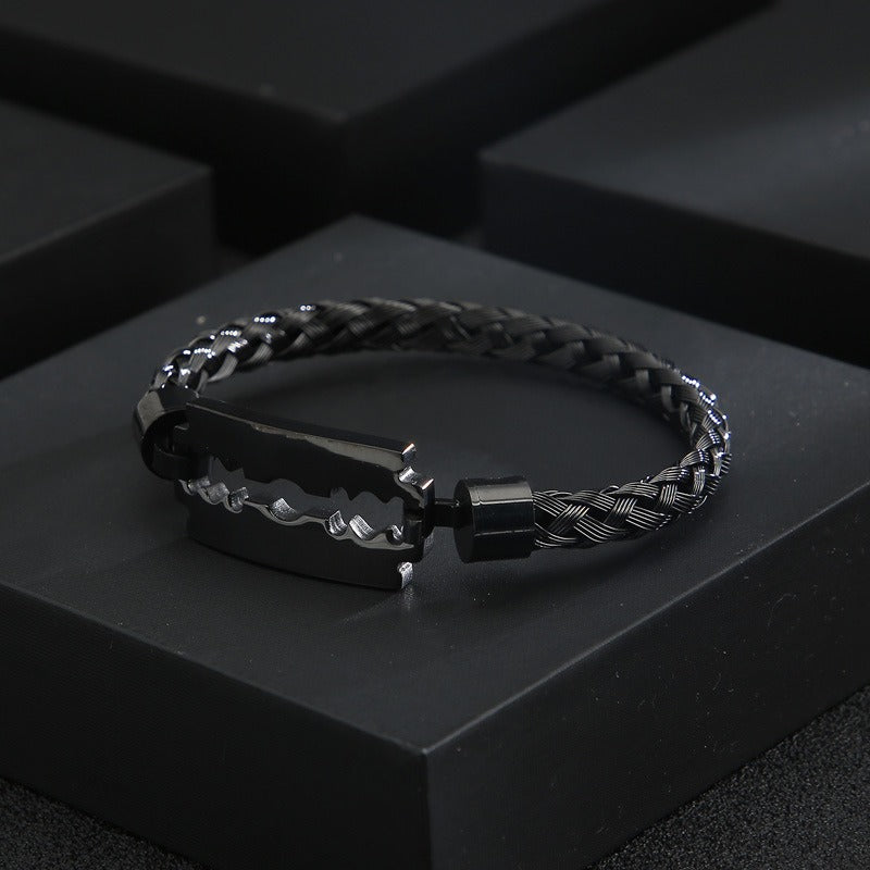Kemstone Titanium Steel Cuff Bracelet for Men - Braided Blade Design with Premium Electroplated Finish KB130548