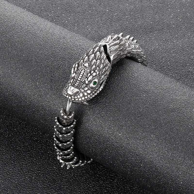 Kemstone Men’s Dragon Head Bracelet – Blackened Stainless Steel with Green Eyes KB170307
