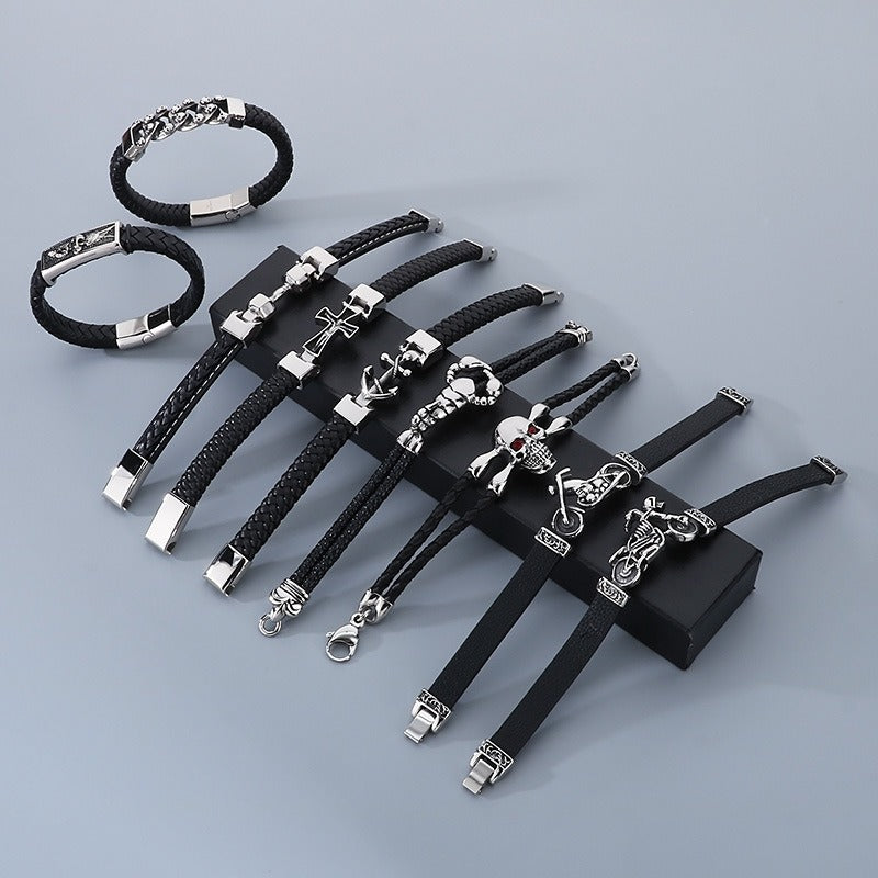 Kemstone Stainless Steel Skull Anchor Braided Leather Cuff Bracelet Punk Biker Style KB53392-K