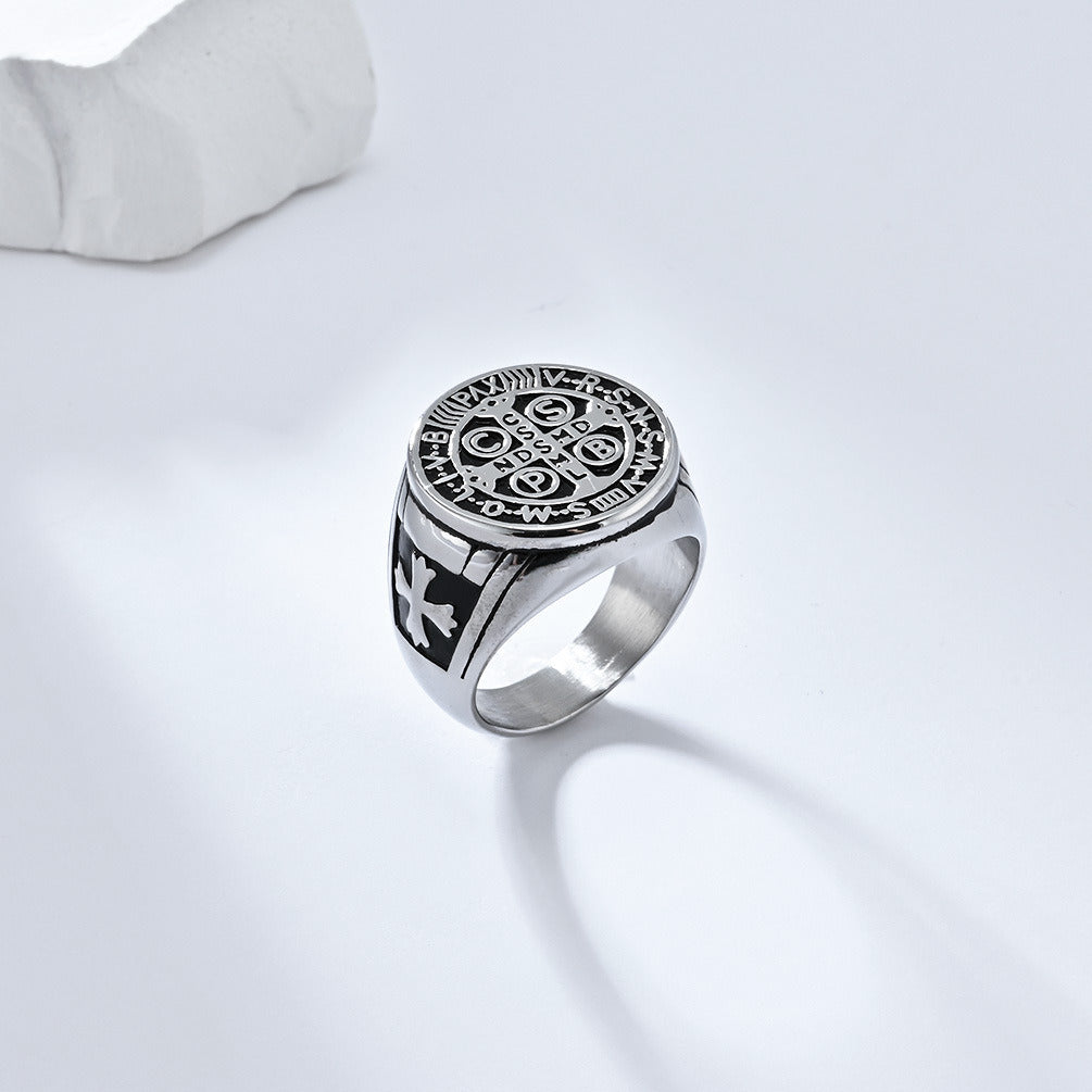 Kemstone Gothic Exorcist Ring – Vintage Stainless Steel Saint Benedict Cross Band for Men | Punk Streetwear Style