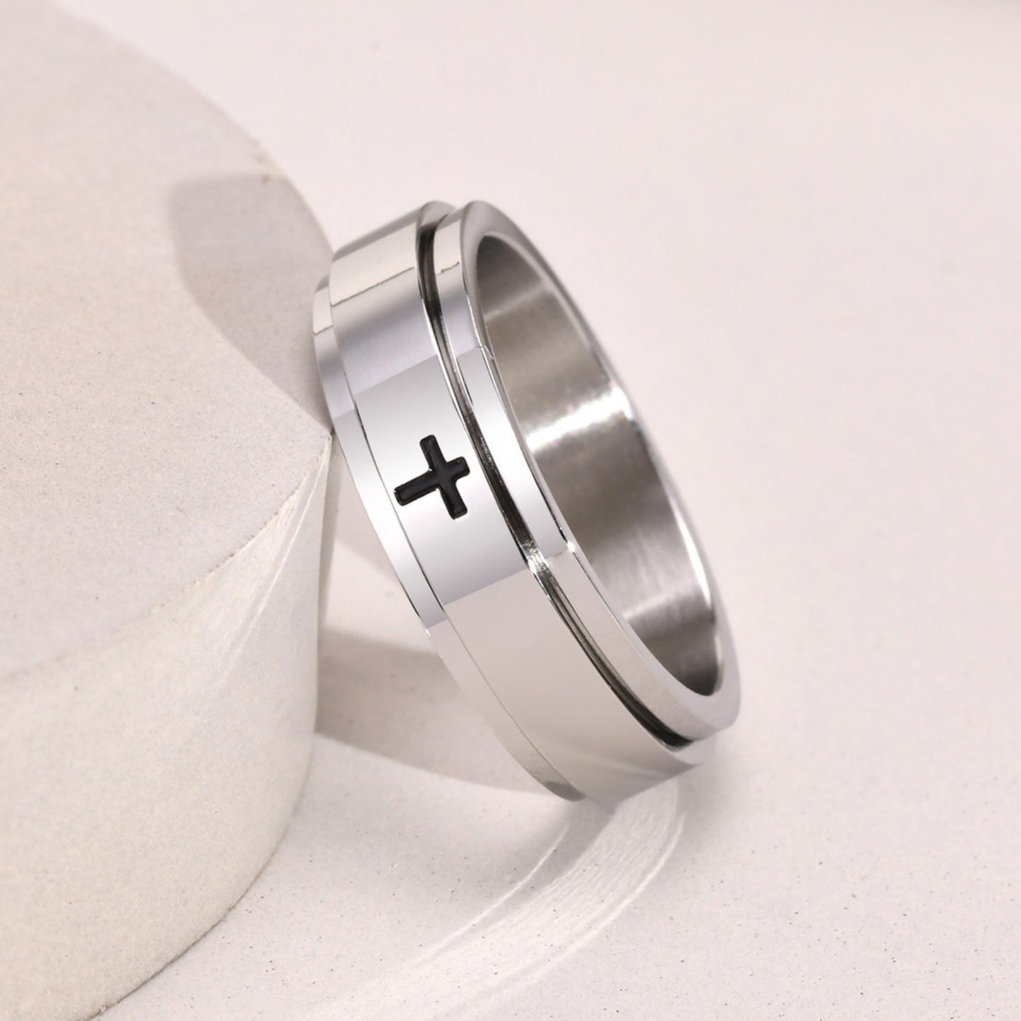 Kemstone Black Laser-Etched Cross Rotating Stainless Steel Ring – Gothic Industrial Men’s Jewelry R589