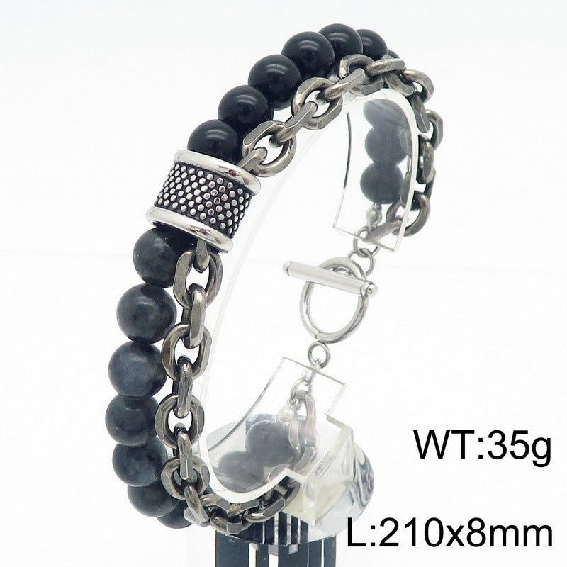Kemstone Tiger Eye & Turquoise Bead Bracelet – Dual-Layer Steel Chain Men’s Jewelry with Vintage Map Stone Vibe KB182645