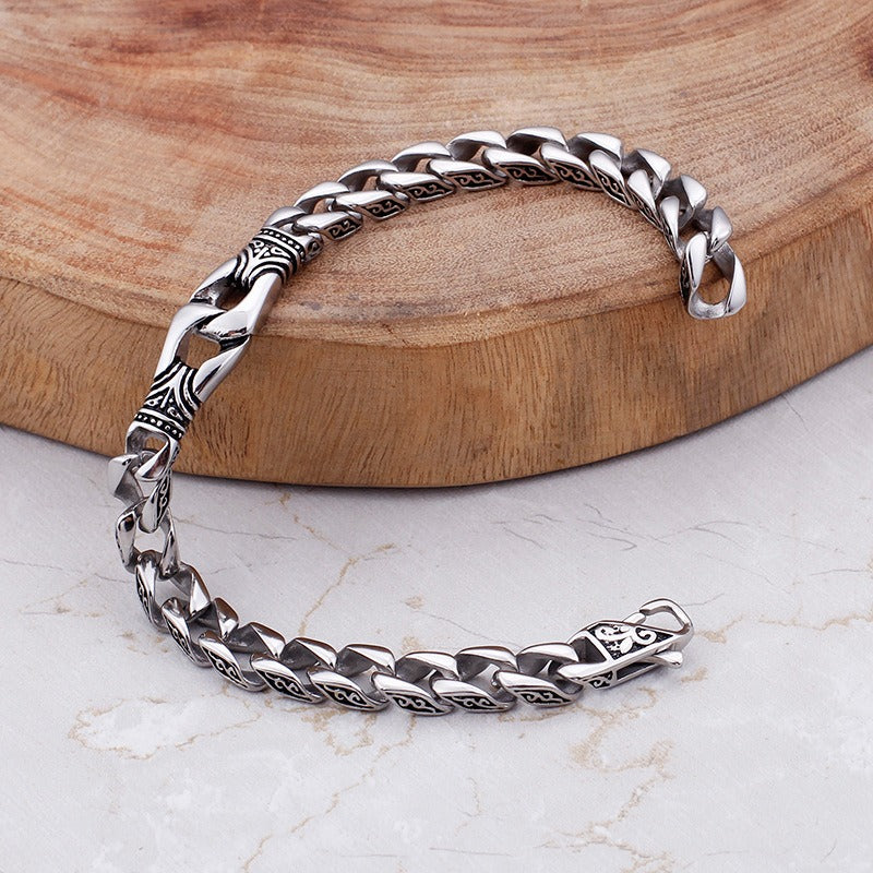 Kemstone Men's Vintage Cuban Chain Bracelet – Engraved Titanium Steel Punk Cuff for Gothic Streetwear KB80116-BD