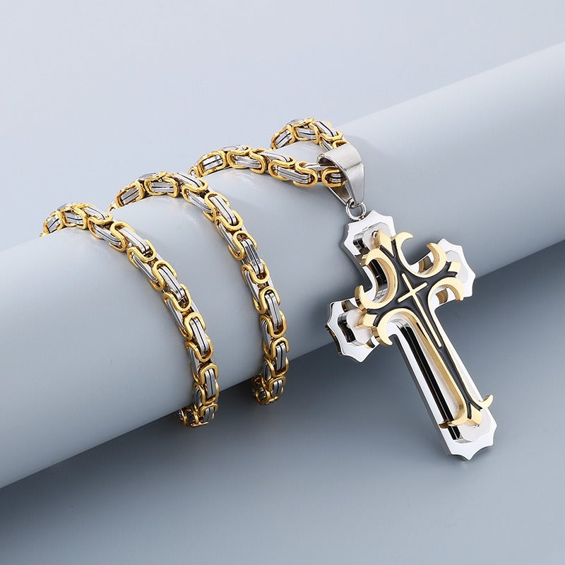 Kemstone Triple-Layer Gothic Cross Pendant Necklace – Stainless Steel Byzantine Chain KP78915