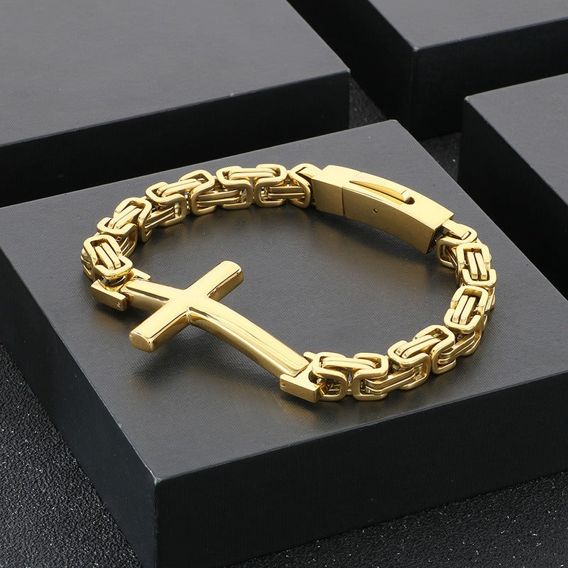Kemstone Rock Revival Cross Cuff - Byzantine Chain Titanium Bracelet for Men with Vintage Gothic Motif KB190501