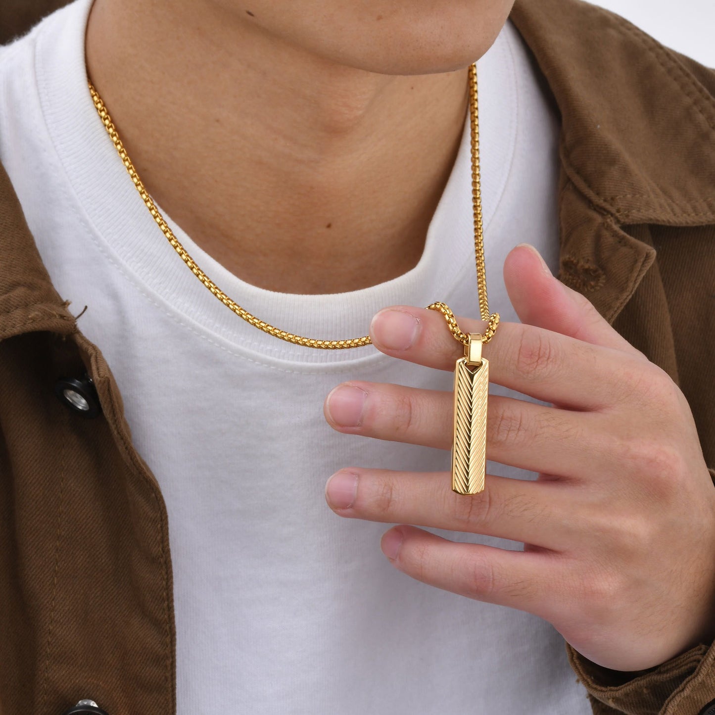 Geometric Bar Pendant Necklace for Men | Stainless Steel Chevron Engraved PN2071