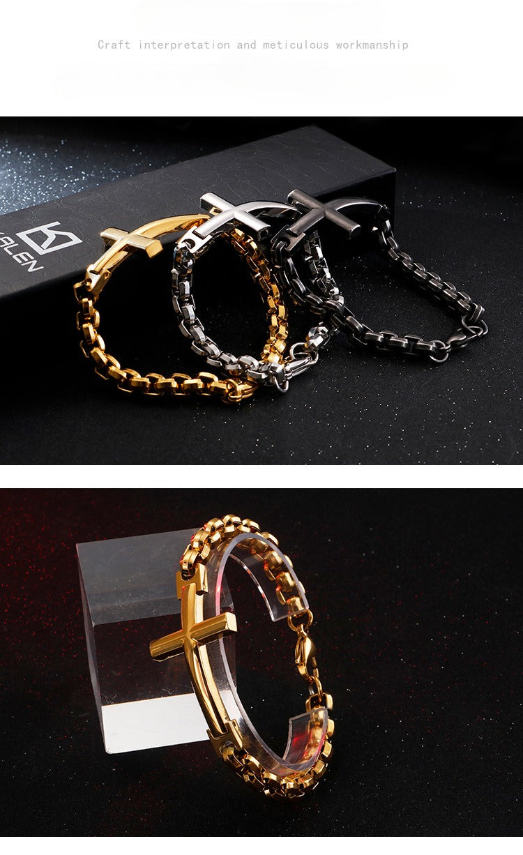 Pulsera de acero y titanio con cruz Kemstone para hombre - Joyería punk minimalista KB108647-K