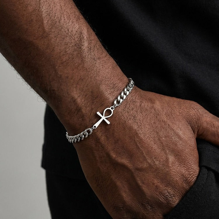 Kemstone Dual Chain Cross Bracelet for Men Stainless Steel Minimal Hip Hop Layered Wristwear BR3122