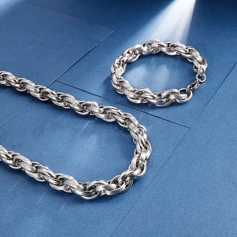 Kemstone Dual-Clasp O-Chain Set – Textured Stainless Steel Necklace & Bracelet for Men KB80794-Z