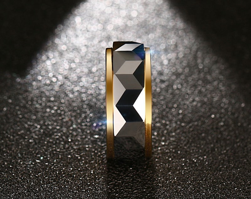 Kemstone Tungsten Steel Ring for Men – Matte Black & Gold Contrast Durable Minimalist Band TCR-043