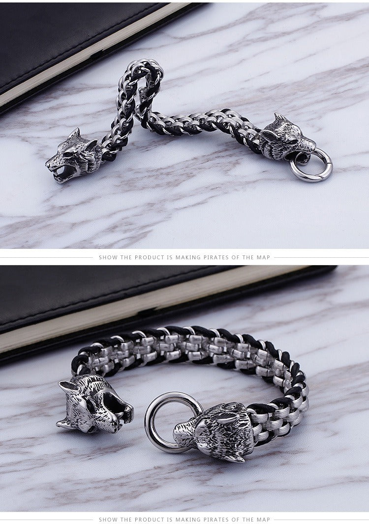 Kemstone Stainless Steel Wolf Design Ring Titanium Mesh Cuff Bracelet for Men - Punk Edge Charm Jewelry KB154970