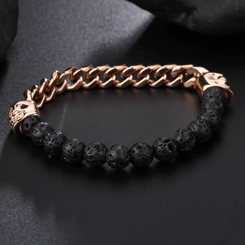 Kemstone Stainless Steel Skull & Volcanic Stone Mala Bracelet – Ethereal Energy Fusion KB66361