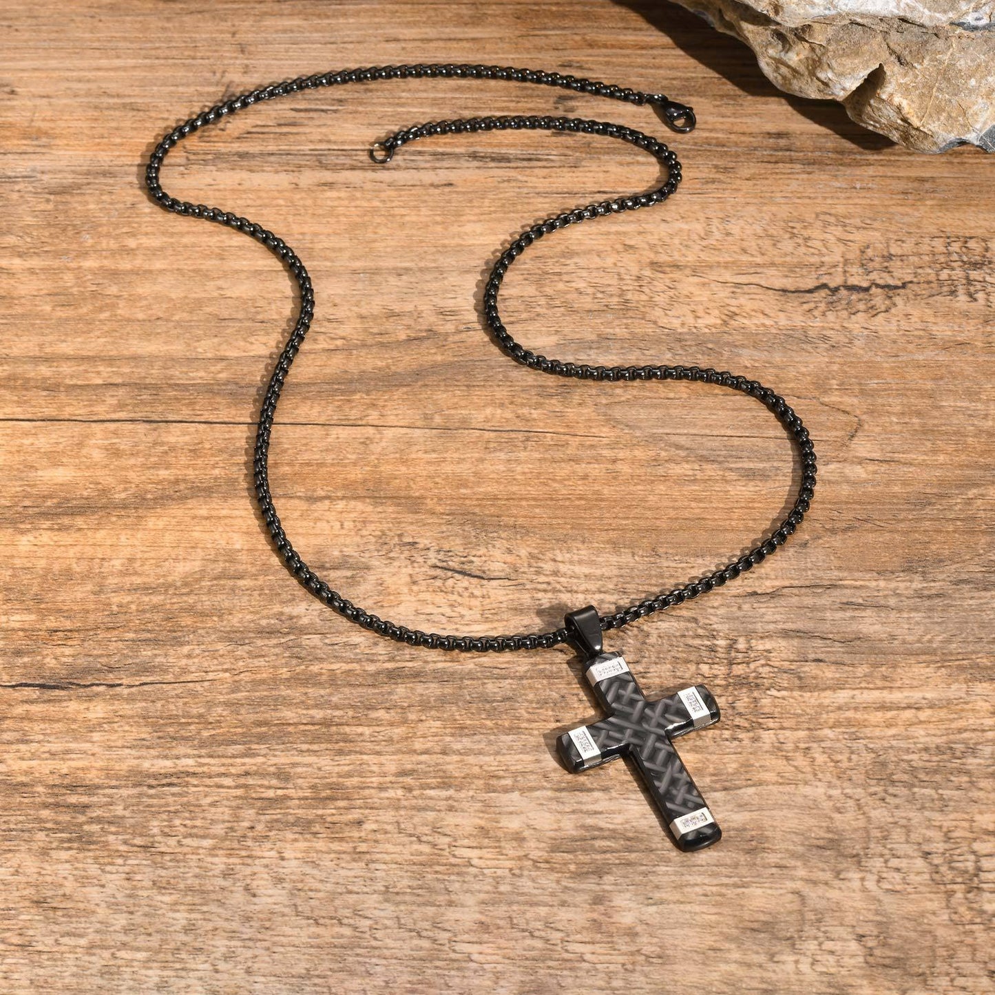 Kemstone Textured Cross Pendant Necklace for Men Stainless Steel Cubic Zirconia Accent PN-2104